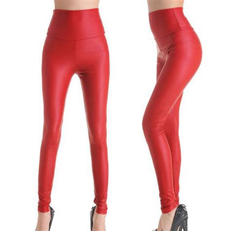Sexy Women Shiny High Waist Skinny Faux Pu Leather Tight Leggings Pants Red