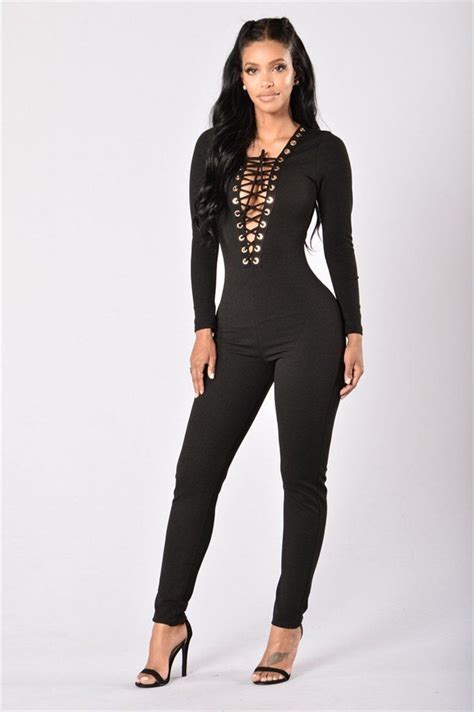 Women Deep V Neck Long Sleeve Lace Up Playsuit Romper Jumpsuit Bodysuit Bodycon Slim Black Solid