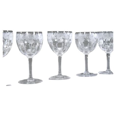 12 Hand Blown Signed Libbey Wheel Cut Crystal Goblets Arts And Crafts Floral Motif For Sale At