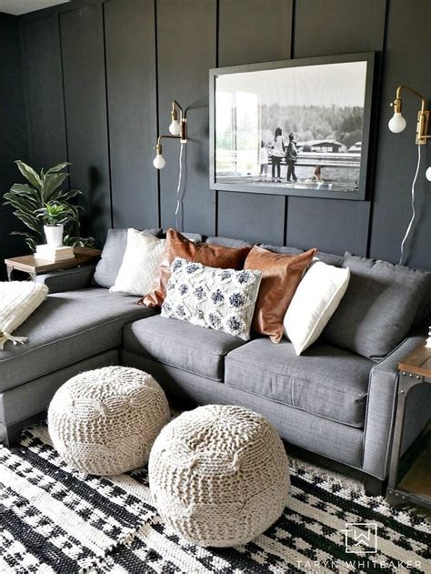 Dark Moody Room Makeover Taryn Whiteaker Designs Grey Couch Living