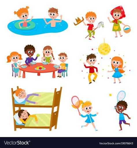 Cartoon Set Of Kids On Vacation In Summer Camp Vector Image