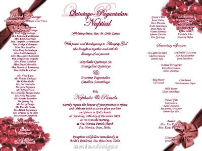 Typically used in filipino weddings because of the respect filipino couples wish to extend to their family, friends, and sponsors. Wedsing Invitation Sample