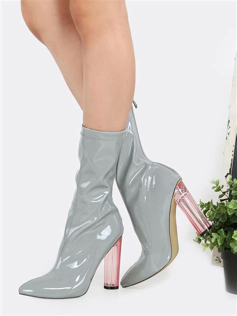 Patent Pointy Toe Perspex Boots Gray Shein Sheinside