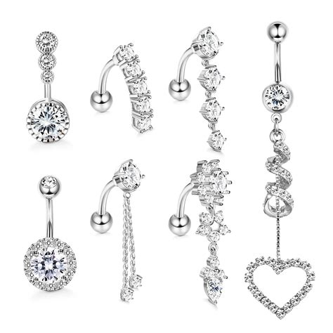 Buy Kakonia7pcs 14g Dangly Belly Button Bars Stainless Steel Cz Belly