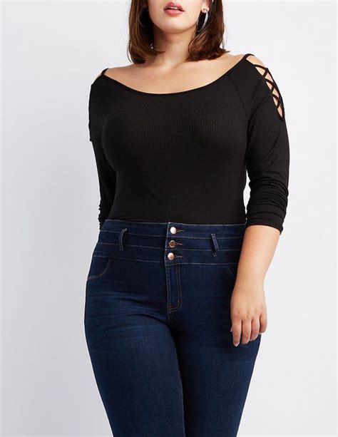 Charlotte Russe Plus Size Ribbed Knit Criss Cross Cold Shoulder Top