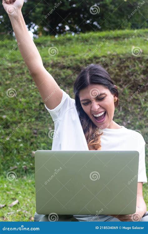 Happy Young Latina Woman Celebrate Receiving Amazing News By Laptop Stock Image Image Of