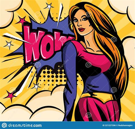 Cute Pop Art Poster Of Superwoman In Blue And Violet Costume Stock