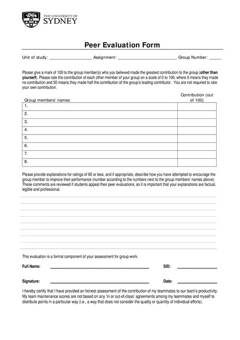 Peer Evaluation Assessment Form Templates At