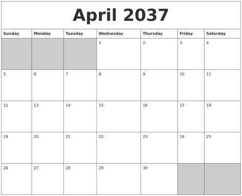 April 2037 Blank Printable Calendar