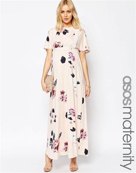 Asos Maternity Angel Sleeve Maxi With Lace Inserts In Spaced Floral