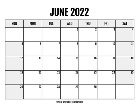 2022 June Calendar Printable A Printable Calendar
