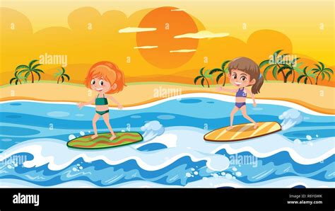Children Surfing On Waves Scene Illustration Stock Vector Image And Art