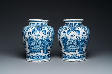 A Pair Of Impressive Blue And White Dutch Delft Chinoiserie Vases Ca