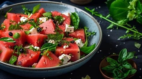 Watermelon Arugula Feta Salad With Balsamic Sause Dressing Garnished