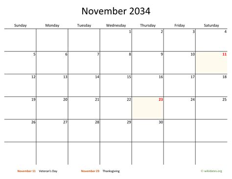 November 2034 Calendar With Bigger Boxes