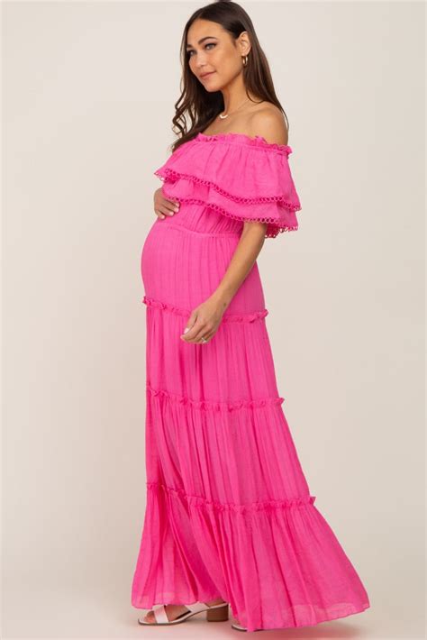 Pink Off Shoulder Eyelet Tiered Maternity Maxi Dress Pinkblush