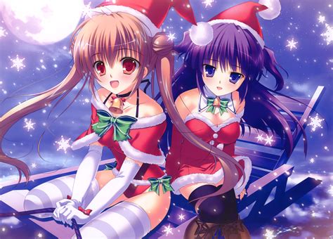 2girls Blue Eyes Boots Bow Breasts Brown Hair Christmas Cleavage Elbow Gloves Gloves Hat Long