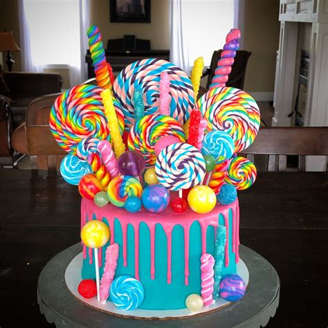 Lollipop Candy Cake With Ganache Drip And Fondant Swirl Lollipops
