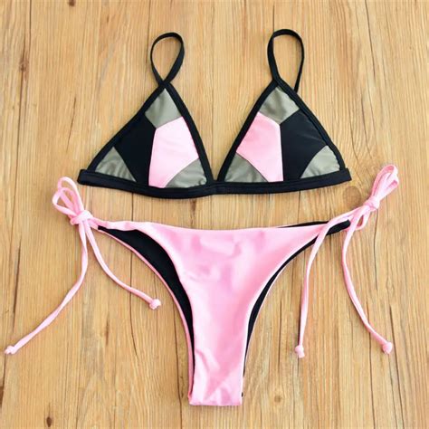 Patchwork Pink Sexy Women Bikinis Sets Triangle Padded Top Thong Pant