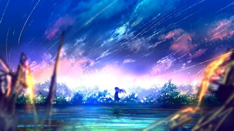 Wallpaper Anime Girl Falling Stars Scenic Colorful
