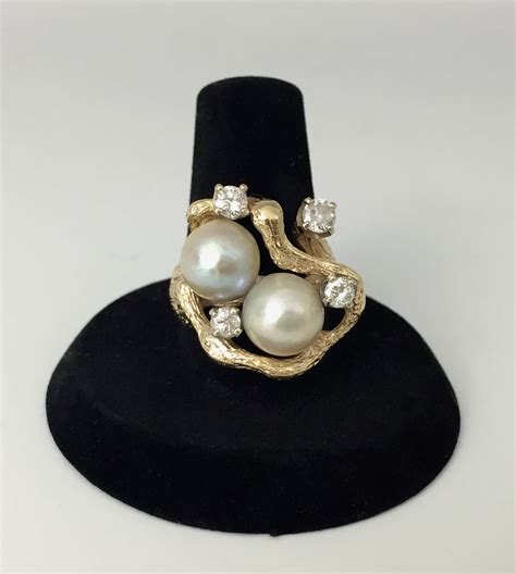 Vintage Modernist Bypass Ring With Diamonds And Pearls 14k Textured Gold