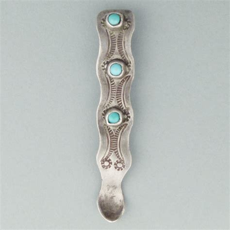 Navajo Stamped Silver Salt Spoon With Three Turquoise C1940