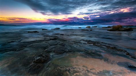 Wallpaper Stones Coast Sea Sky Clouds Sunset Dusk 3840x2160 Uhd