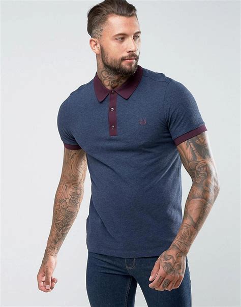 Lyst Fred Perry Slim Fit Wool Blend Polo With Contrast Collar And Textured Sleeves In Navy