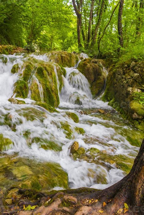 Plitvice Lakes National Park Waterfall Flows Over Stones Croatia