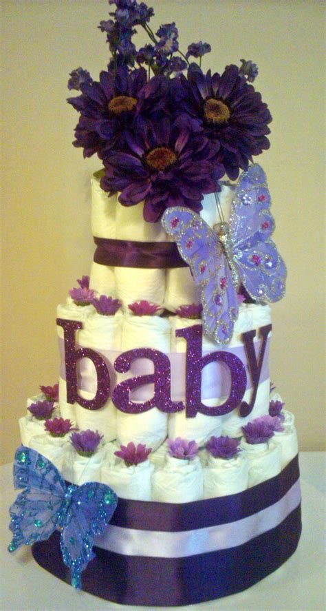 You could buy some lovely nylon or silk butterflies that you can hang on the ceiling or wall. Purple Butterfly Diaper Cake | Gender Reveal / Baby Shower ...