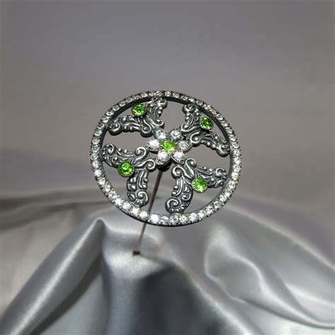 Antique Silver Hatpin With Green And Clear Rhinestones