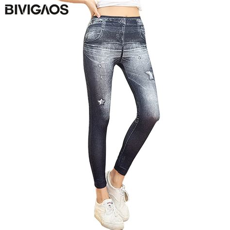 Bivigaos Women Leggings Slim Thin Sexy Jeggings Pencil Pants Fake Torn Ripped Printed Stretch