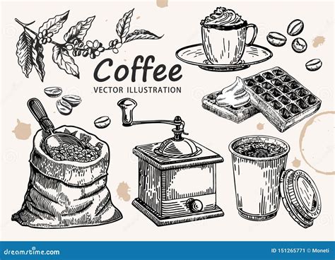 Hand Drawn Coffee Set Coffee Vector Sketch Stock Illustration