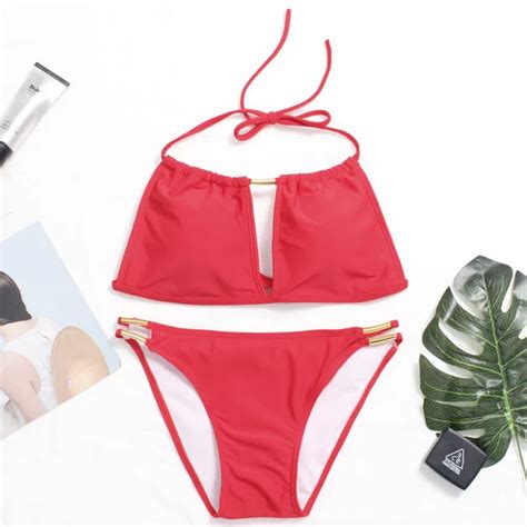 2019 New Sexy Swimwear Women Solid Black Red Bikinis Set Halter Top Beach Biquini Cut Out Low