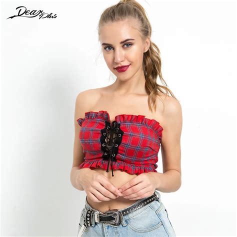 women fashion strapless plaid ruched tank tops sexy strapless lace up hollow out vest summer