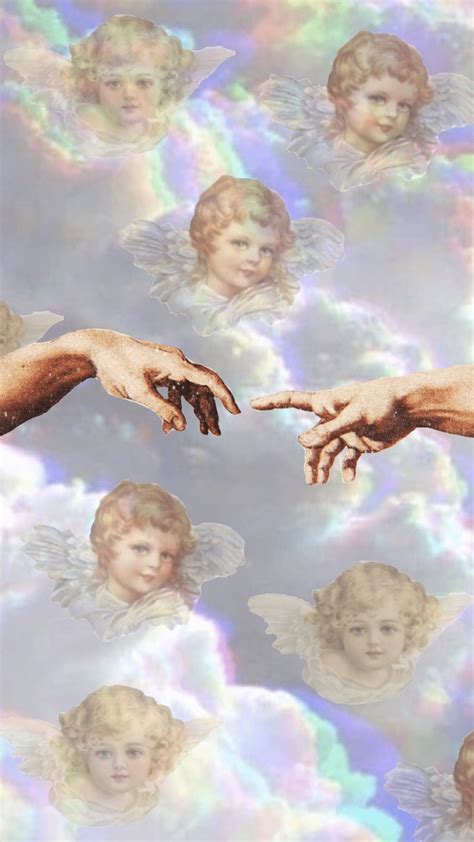 Two Hands Reaching Out Towards Each Other With Angels In The Sky Behind