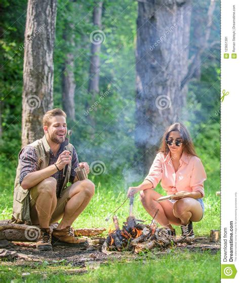 Couple In Love Camping Forest Roasting Marshmallows Roasting
