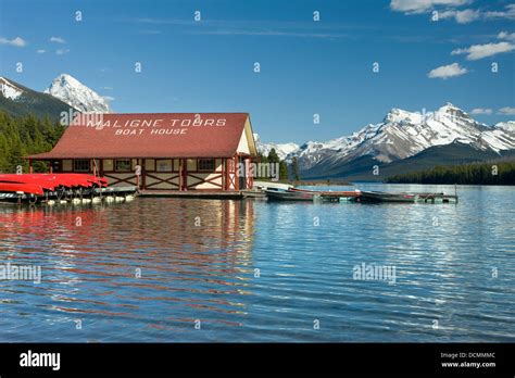 Boat House Lake Maligne Jasper National Park Alberta Canada Stock Photo