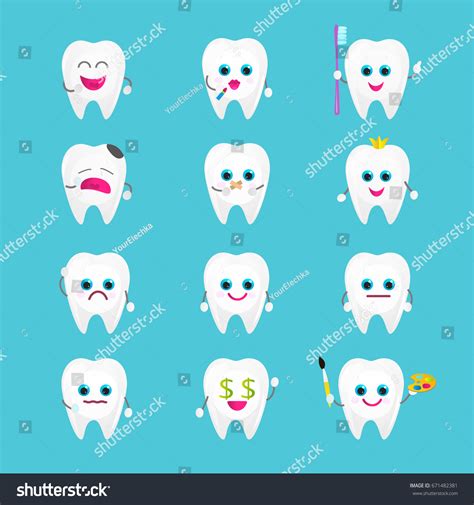 Funny Tooth Emoji Stickers Set Twelve Stock Vector Royalty Free