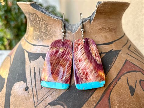 Vintage Spiny Oyster Slab Earrings With Turquoise Tewa Santo Domingo