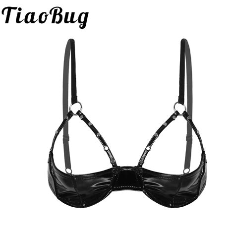 sexy ladies lingerie cupless bra black shiny patent leather brassiere