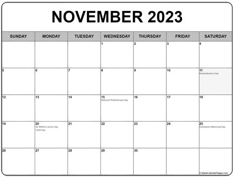 November 2023 With Holidays Calendar