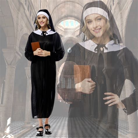Sexy Nun Costume Adult Women Cosplay Dress With Black Hood For Halloween Sister Cosplay Party