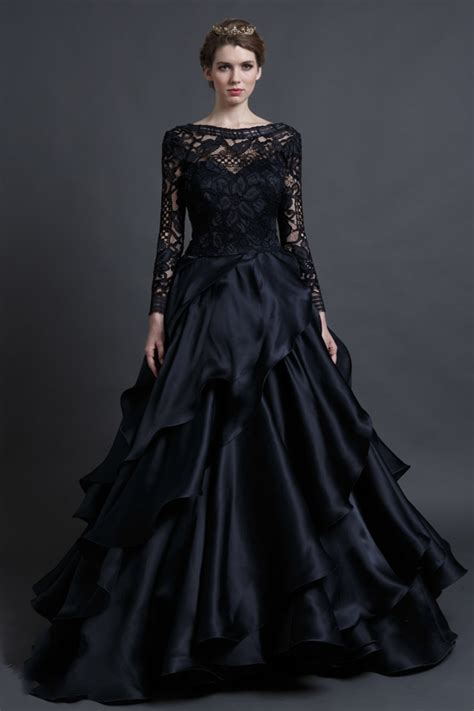 Elegant Black Lace Wedding Dress See Through Long Sleeve Wedding Ball