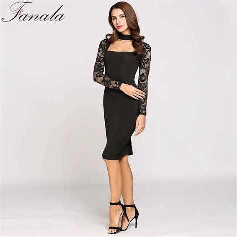 fanala 2017 fashion women casual black sex dress long lace sleeves knee length party dresses