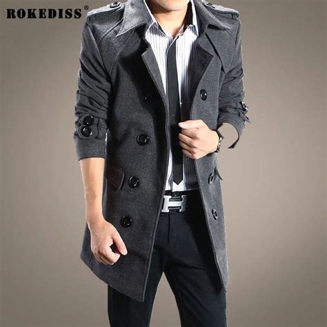 Rokediss 2017 New Winter Double Breasted Wool Coat Men Long Sections