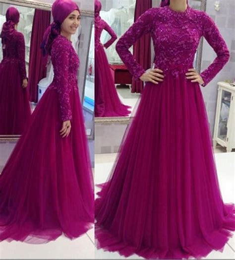 2017 muslim islamic lace long prom dresses appliques crew neck floor length long sleeves evening