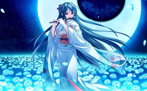 Kimono Flute Moon 1920×1200 Dark Angels Cô Gái Phim Hoạt Hình Anime