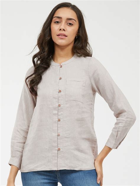 Linen Shirt For Women With Long Sleeves And Pocket Collarless Etsy