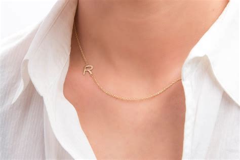 Initial Necklace Sideways Initial Letter 14k Gold Asymmetrical